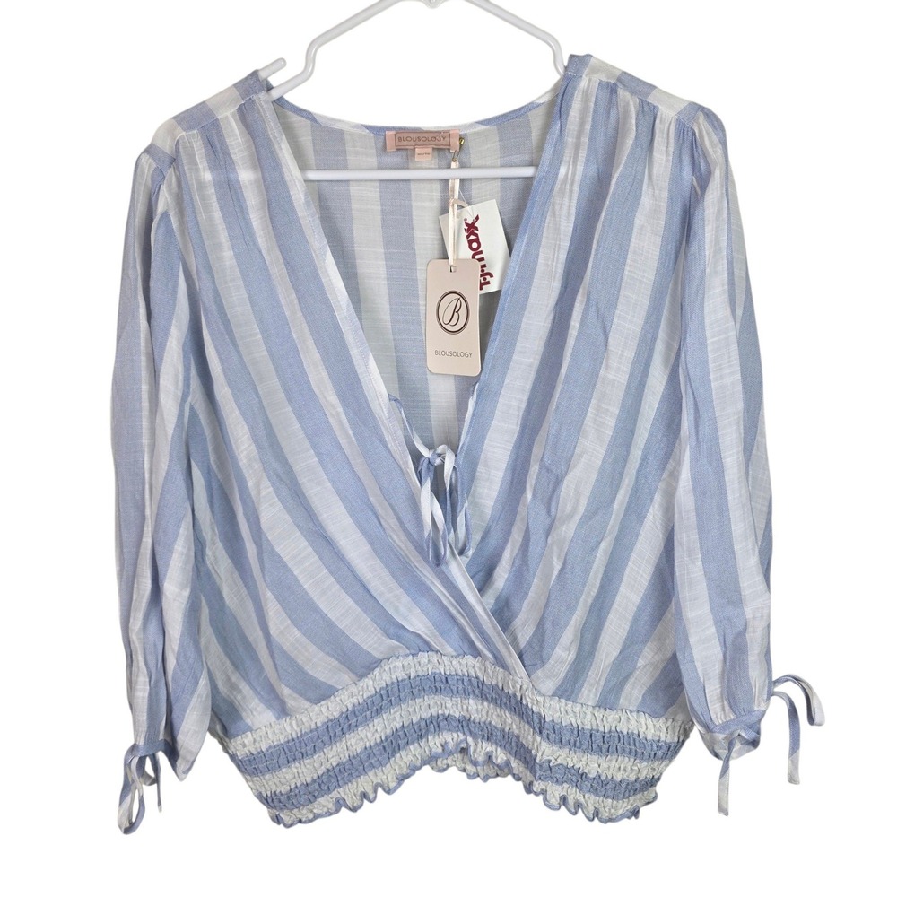 Blousology Surplice Top Women XL Blue White NWT Striped Smocked Waist Tie Sleeve
